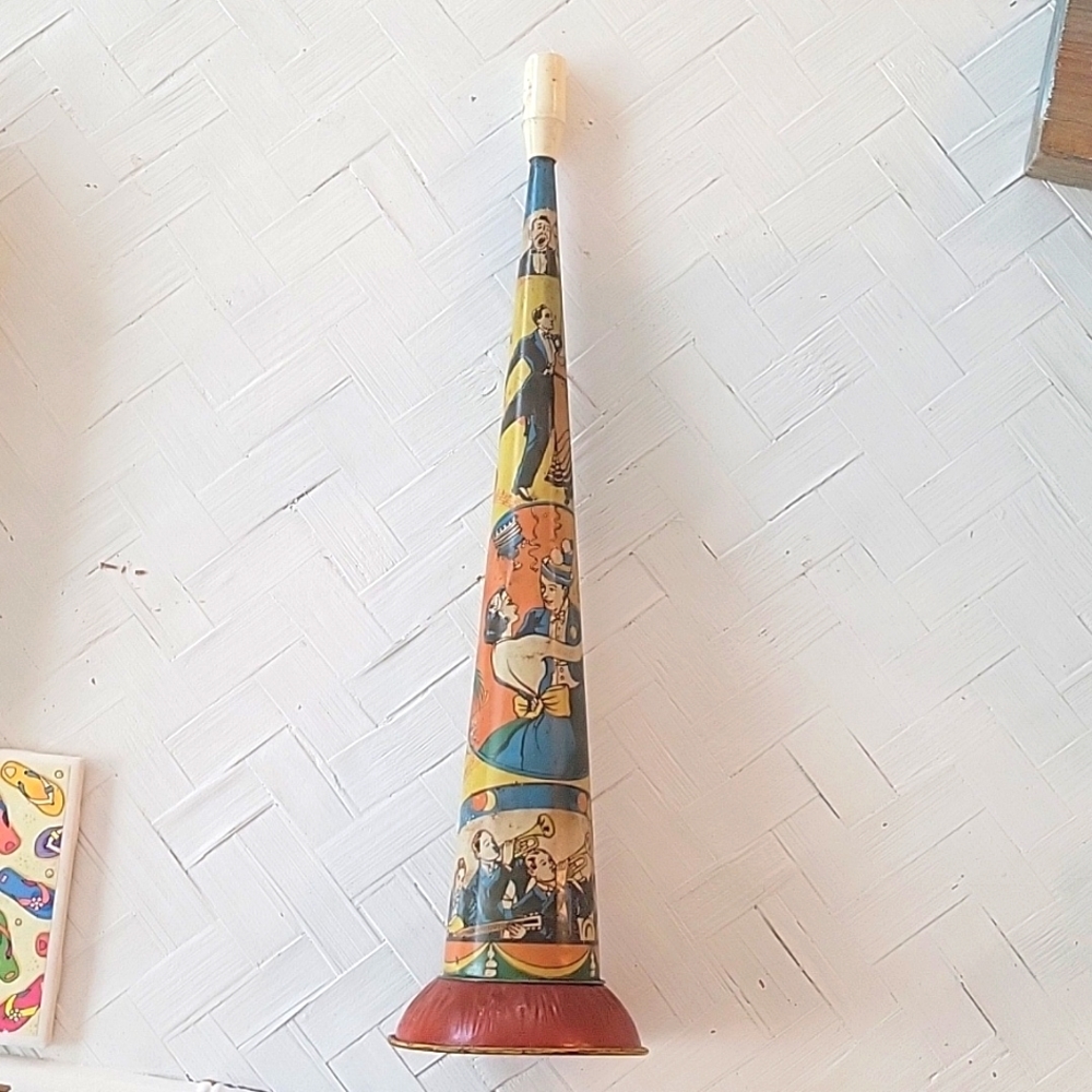 Vintage Tin Noise Maker Litho New Year's Eve Party Horn Dancers and Musicians